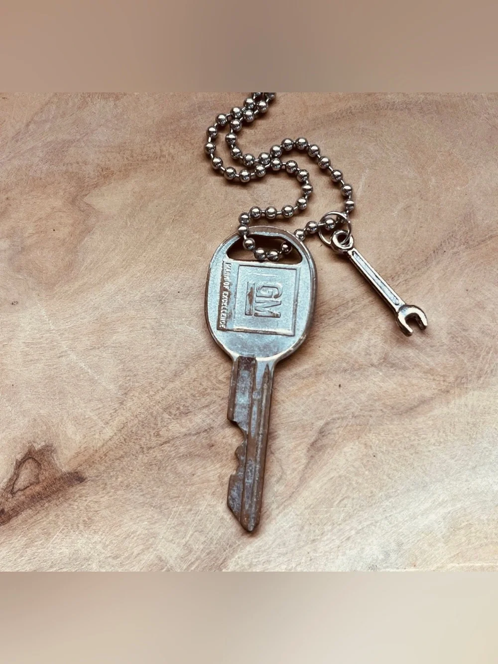 Vintage Cadillac Silver Key Necklace with Wrench Accent charm